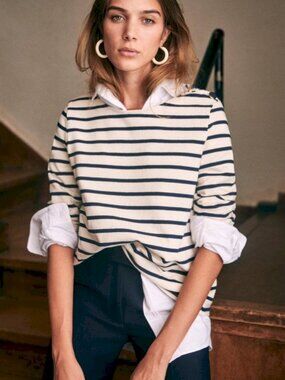 Sezane Colette Mariniere - Navy and Cream Striped Long Sleeve Tee